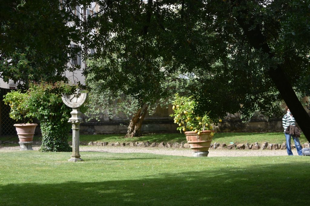 Palazzo Ximenes Panciatichi - giardino con erba, vasi e alberi.