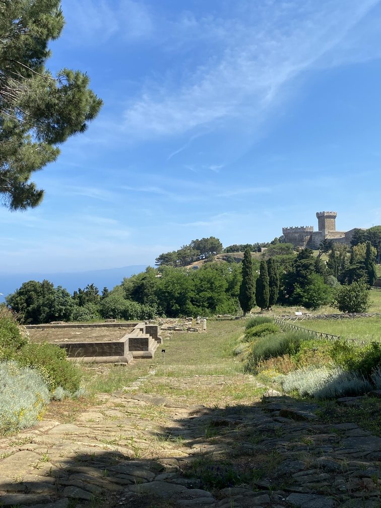 Rocca di Populonia vista dall'Acropoli e strada romana, con zona dei templi.
