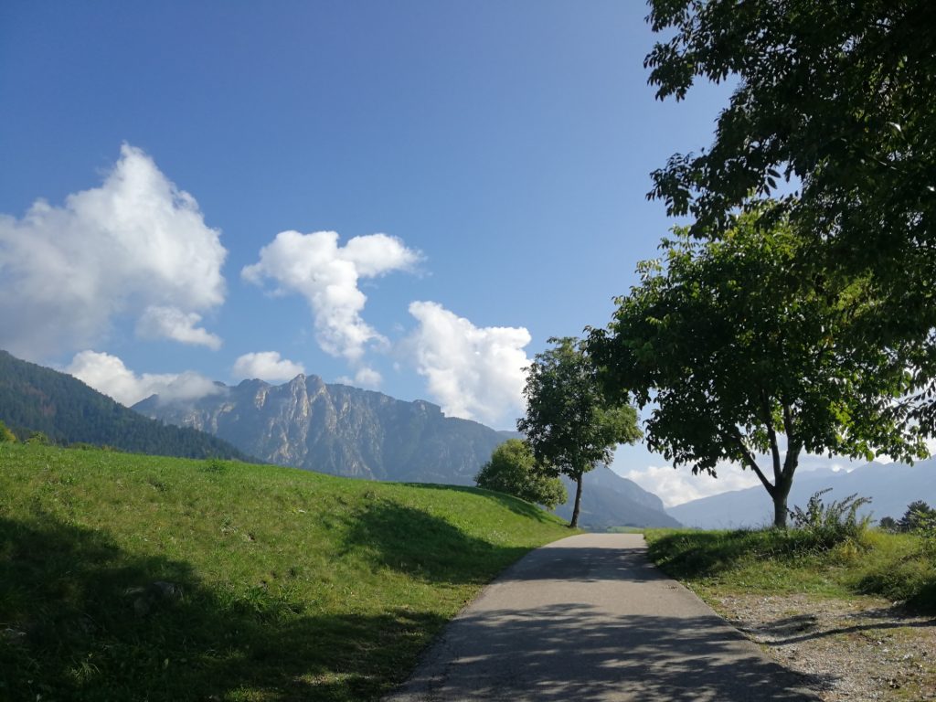 Percorso "Leggende della Val di Fiemme" e veduta sul Monte Cornacci.