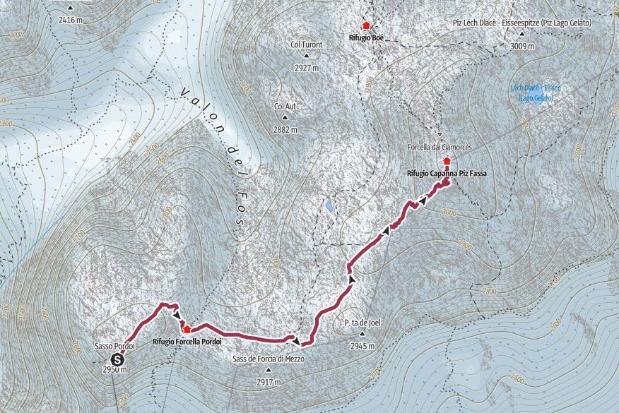 Mappa del trekking Sass Pordoi - Piz Boè.