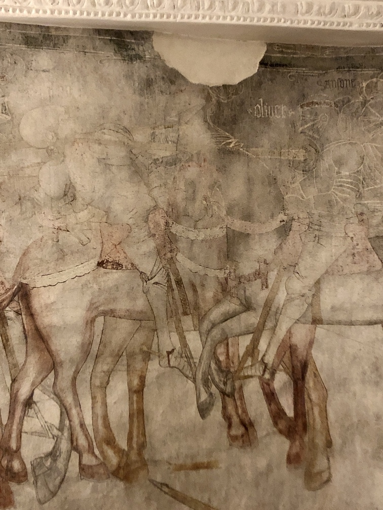 Casa Bertelli - ciclo di affreschi interno, battaglia di Roncisvalle, con Oliviero, il duca Sansone e Astolfo. 