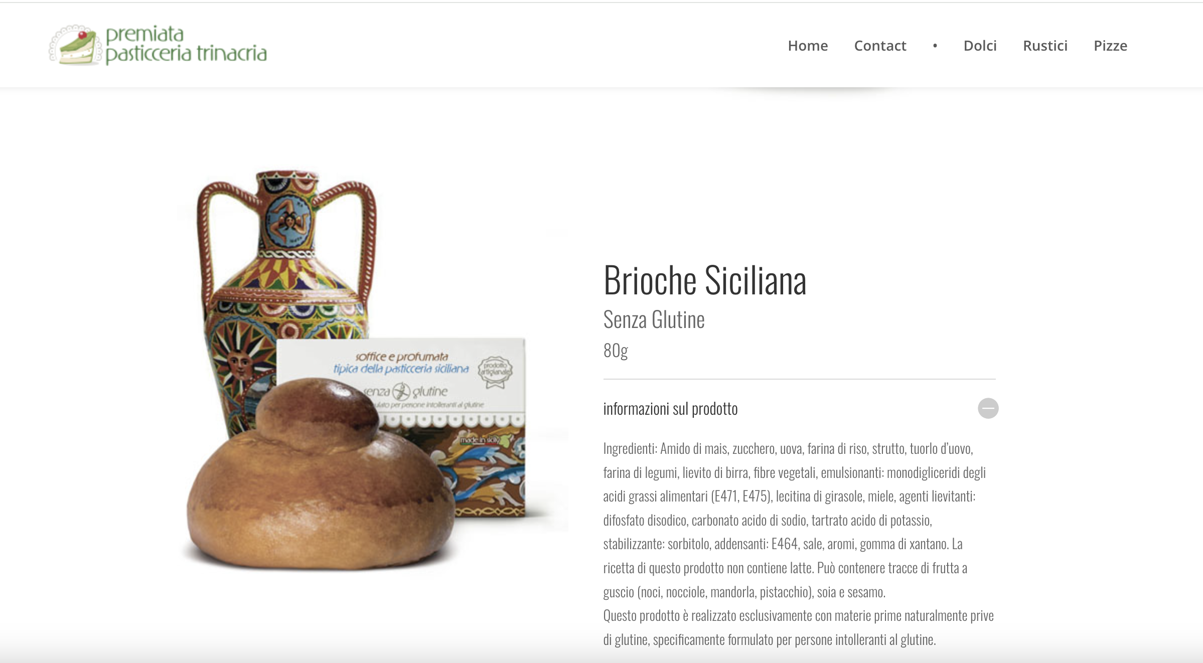 Premiata Pasticceria Trinacria - elenco degli ingredienti della "Brioche Siciliana Senza Glutine".